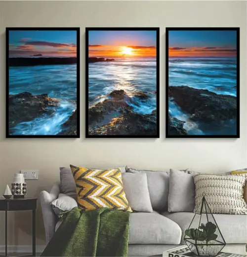 Kit 3 Quadros Praia Pôr Do Sol Mar Azul Decoração Moldura