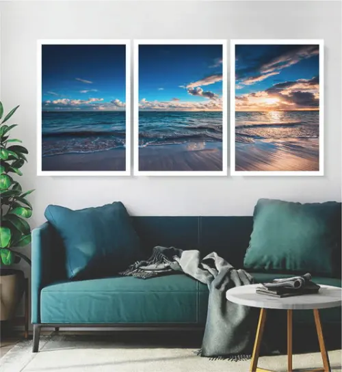 Kit 3 Quadros Praia Pôr Do Sol Paisagem Decoração Moldura