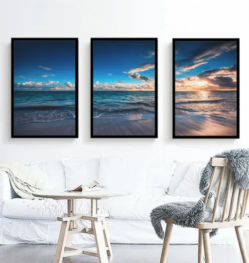 Kit 3 Quadros Praia Pôr Do Sol Paisagens Decoração Moldura