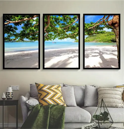 Kit 3 Quadros Praia Sol e Mar Paisagem Decoração Com Moldura