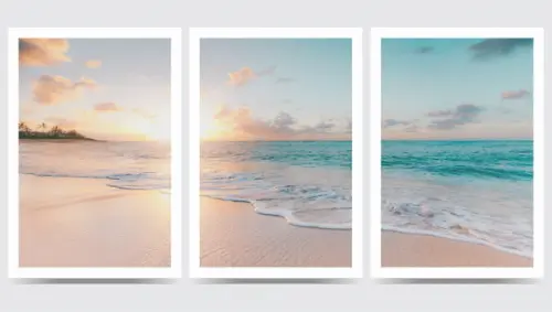 Kit 3 Quadros Praia Sol Mar Decoração Conjunto com Moldura