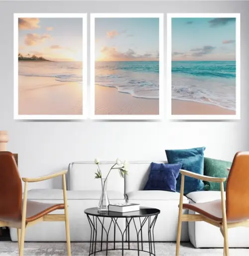 Kit 3 Quadros Praia Sol Mar Decoração Conjunto com Moldura