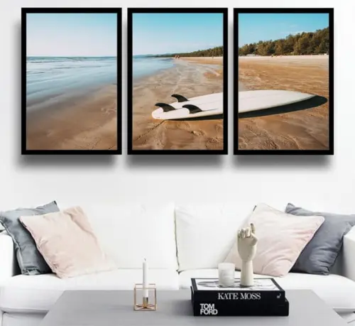 Kit 3 Quadros Praia Surf Decoração Prancha Paisagem Molduras