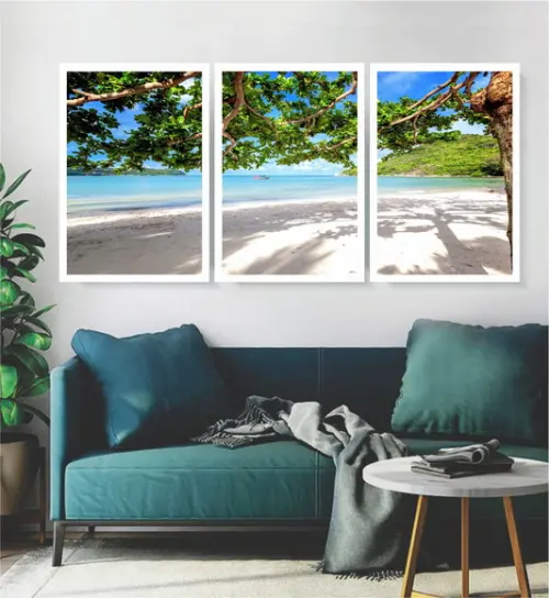 Kit 3 Quadros Praia Sol Mar Paisagem Decoração Com Molduras