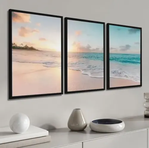 Kit 3 Quadros Praias Decoração Paisagem Mar Sol Com Molduras