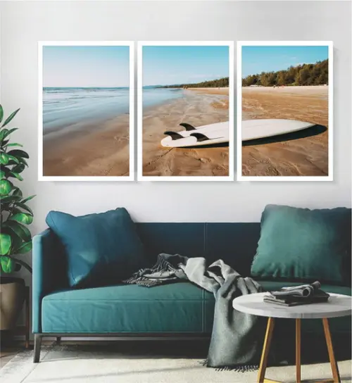 Kit 3 Quadros Praias Surf Decoração Prancha Paisagem Moldura