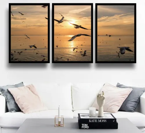 Kit 3 Quadros Praias Pôr Do Sol Pássaros Decoração Moldura