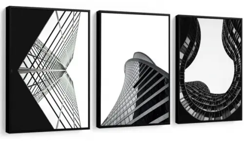 Kit 3 Quadros Prédio Cidade Preto e Branco Decoração Moldura