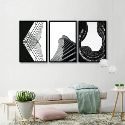 Kit 3 Quadros Prédio Cidade Preto e Branco Decoração Moldura