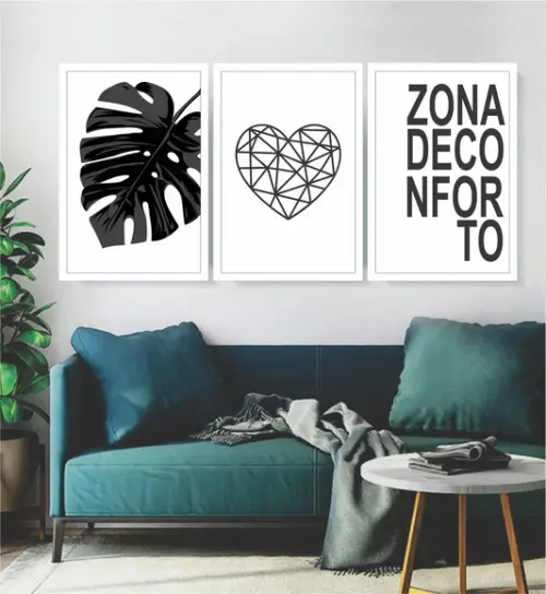 Kit 3 Quadros Preto e Branco Casa Decoração Folhagem Moldura