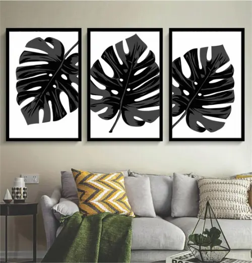Kit 3 Quadros Preto e Branco Decoração Folhagem Com Molduras