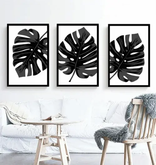 Kit 3 Quadros Preto e Branco Decoração Folhagem Com Molduras