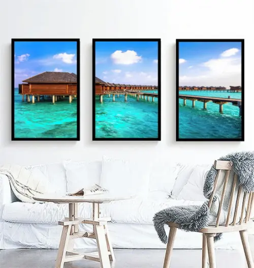 Kit 3 Quadros Resort Praia Maldivas Mar Decoração Moldura