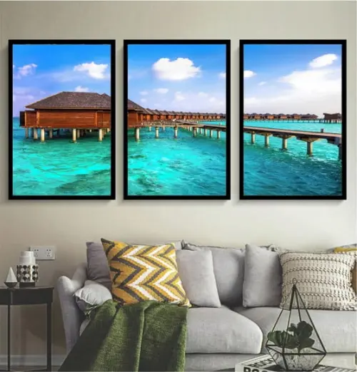 Kit 3 Quadros Resort Praia Maldivas Mar Decoração Moldura
