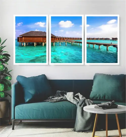 Kit 3 Quadros Resort Praia Mar Maldivas Decoração Moldura