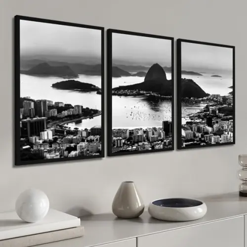 Kit 3 Quadros Rio Corcovado Preto e Branco Decoração Moldura