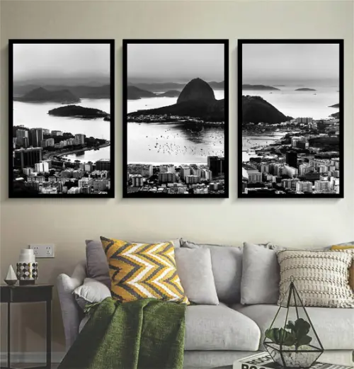 Kit 3 Quadros Rio Corcovado Preto e Branco Decoração Moldura