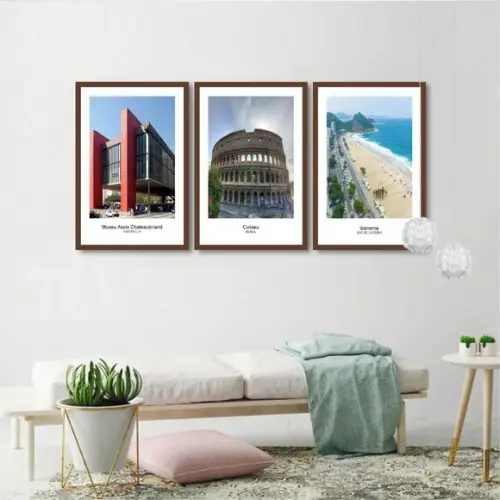Kit 3 Quadros Rio Ipanema São Paulo Roma Decoração Moldura