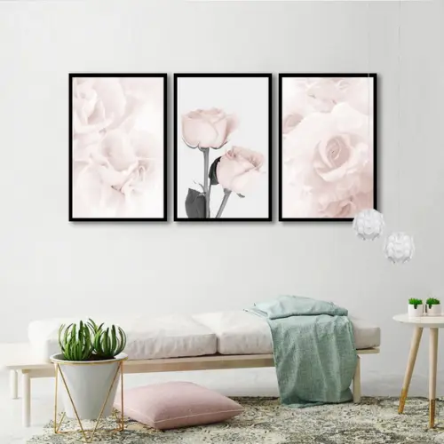 Kit 3 Quadros Rosa Branca Decoração Flores Conjunto Moldura