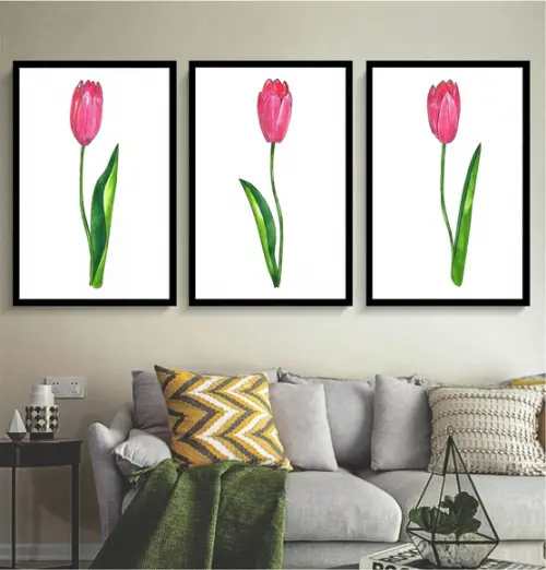 Kit 3 Quadros Rosas Botânico Conjunto Decoração Com Moldura