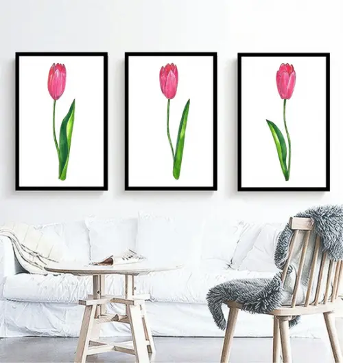 Kit 3 Quadros Rosas Botânico Conjunto Decoração Com Moldura