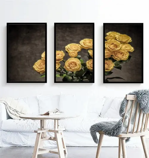 Kit 3 Quadros Rosas Flores Amarelas Decoração Com Molduras