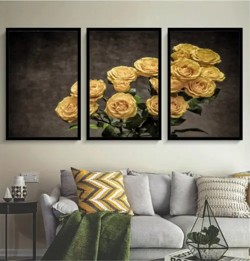 Kit 3 Quadros Rosas Flores Amarelas Decoração Com Molduras
