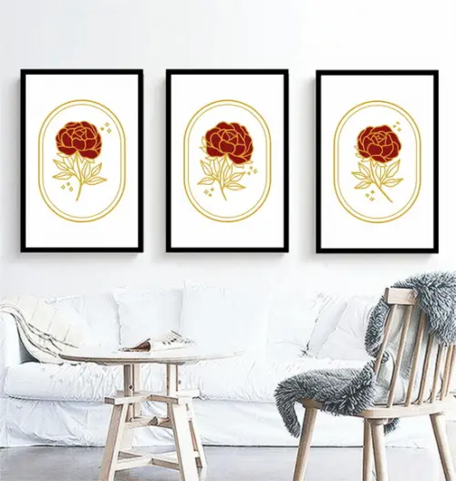 Kit 3 Quadros Rosas Vermelhas Decoração Conjunto Com Moldura