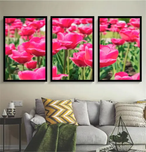 Kit 3 Quadros Tulipas Rosa Decoração Campo Conjunto Molduras
