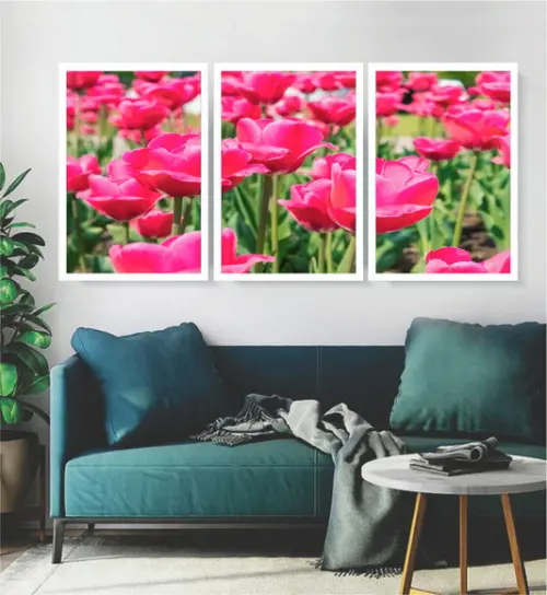 Kit 3 Quadros Tulipas Rosa Decoração Campo Conjunto Moldura