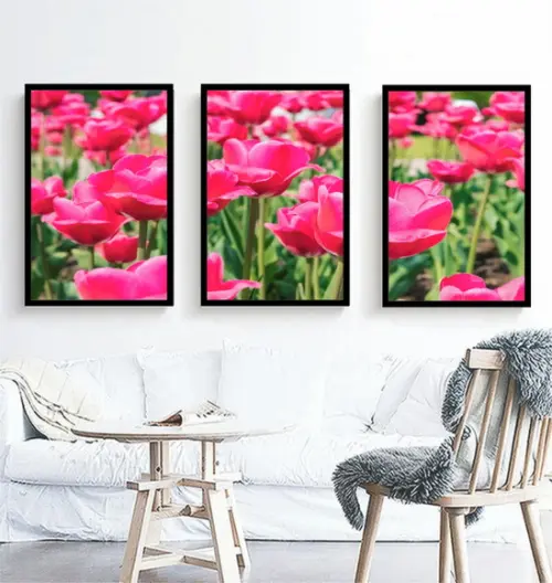 Kit 3 Quadros Tulipas Rosa Decoração Campo Conjunto Molduras
