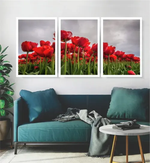 Kit 3 Quadros Tulipas Vermelhas Decoração Conjunto Moldura