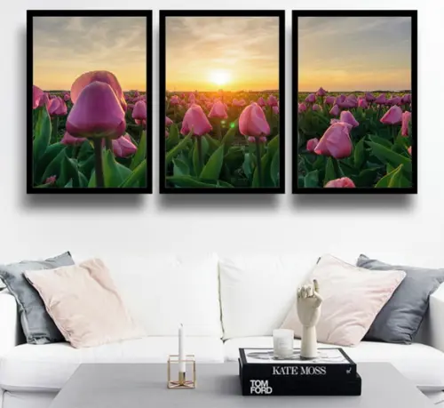 Kit 3 Quadros Tulipas Rosa Paisagem Decoração Com Moldura
