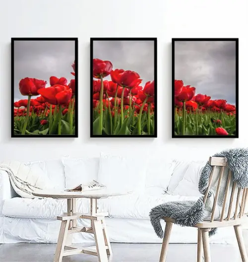Kit 3 Quadros Tulipas Vermelhas Decoração Conjunto Molduras