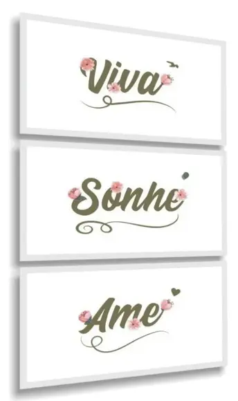 Kit 3 Quadros Viva Ame Sonhe Frases Casal Decoração Molduras