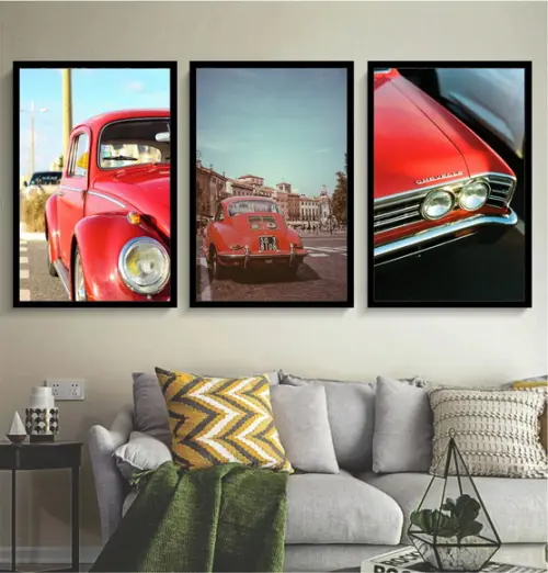 Kit 3 Quadros Vintage Retrô Vermelho Decoração Fusca Moldura