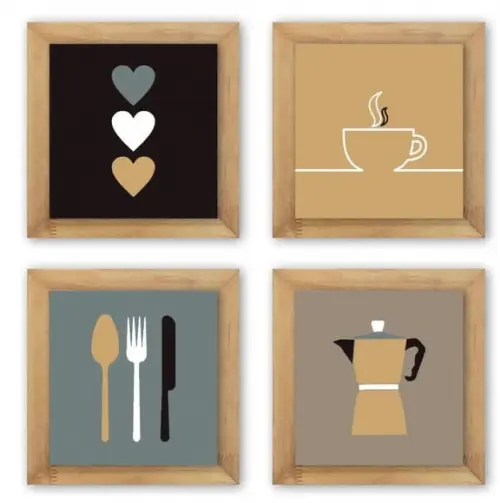 Kit 4 Quadros Cozinha Talheres Café Decoração Com Molduras