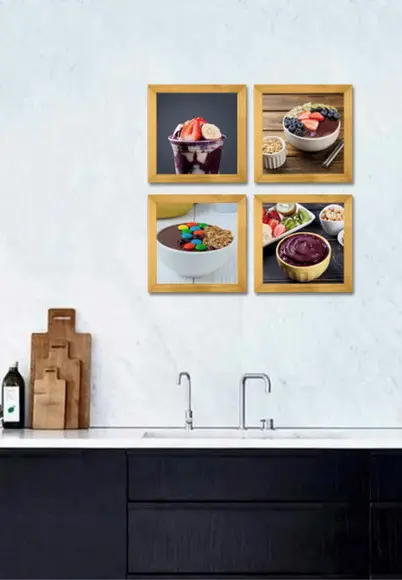 Kit 4 Quadros Decorativos Açai Sorvete Cozinha Com Moldura