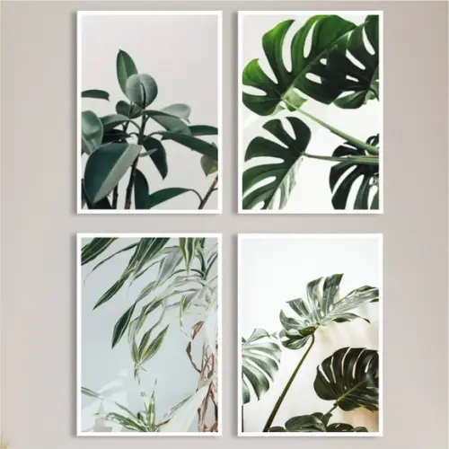 Kit 4 Quadros Decorativos Modernos Folhagem Verde Moldura