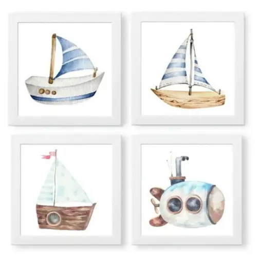 Kit 4 Quadros Decorativos Para Quarto De Bebe Barcos Moldura