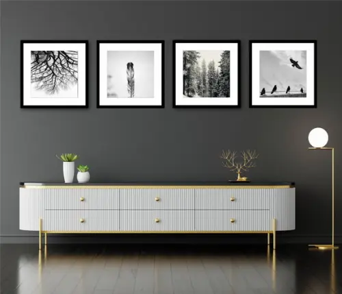 Kit 4 Quadros Decorativos Paisagem Preto e Branco Moldura