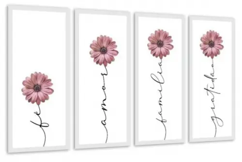 Kit 4 Quadros Frases Amor Fé Família Decoração com Molduras