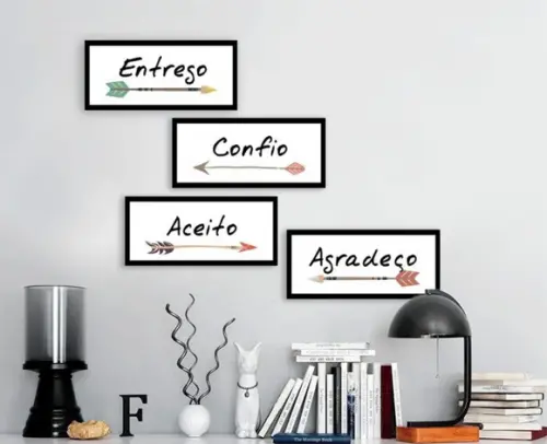 Kit 4 Quadros Frases Positivas Decoração Sala Quarto Moldura