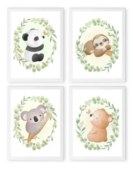 Kit 4 Quadros Infantil Desenho Fofo Animal Decoração Moldura