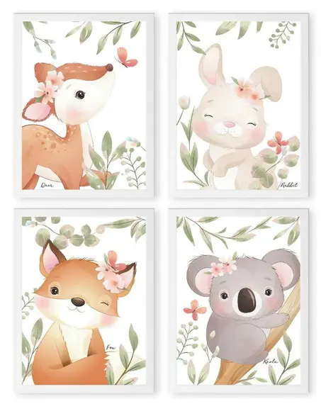Kit 4 Quadros Infantil Desenho Fofo Animal Decoração Moldura