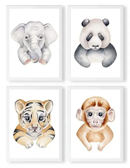 Kit 4 Quadros Infantil Desenho Fofo Animal Decoração Moldura