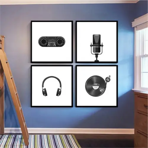 Kit 4 Quadros Rádio Musica Discos Artistas Decoração Moldura