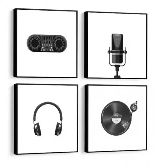 Kit 4 Quadros Rádio Musica Discos Artistas Decoração Moldura