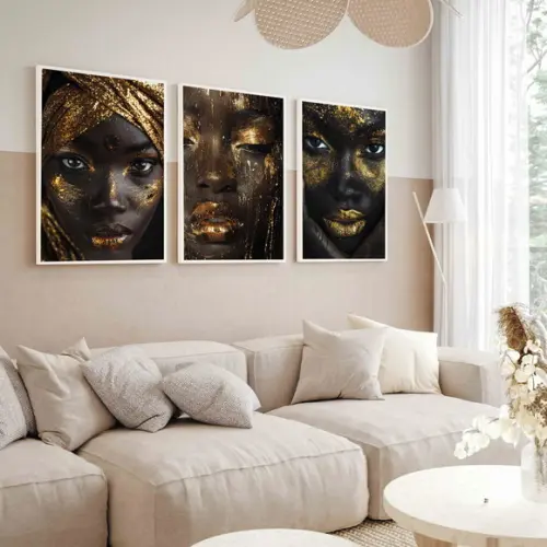 Kit Quadro Decorativo Moderno Mulheres Dourada Luxo Moldura