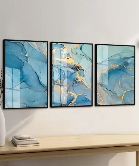Kit Quadros Decorativos Abstrato Dourado Azul Moldura Vidro